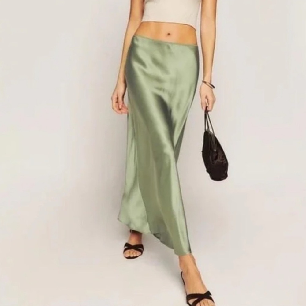 Reformation Layla Green Silk Midi Skirt